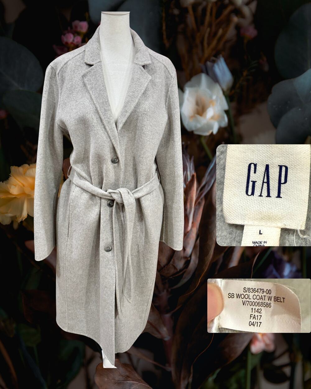 GAP Classic Wool Blend Single-Breasted Belted Wrap Coat - Gray - Size L